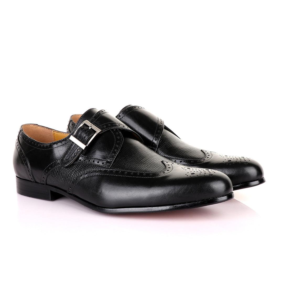 John Mendson Single Strap Lace Brogues Buckle Leather Black Shoe - Obeezi