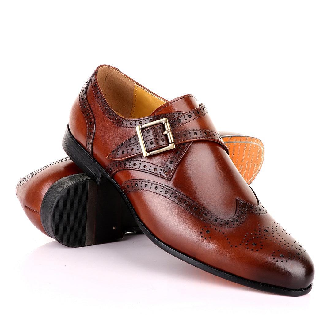 John Mendson Single Strap Lace Brogues Buckle Leather Brown Shoe - Obeezi