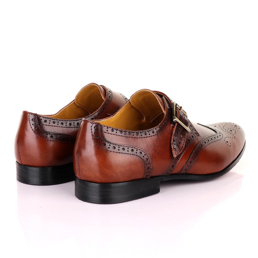 John Mendson Single Strap Lace Brogues Buckle Leather Brown Shoe - Obeezi