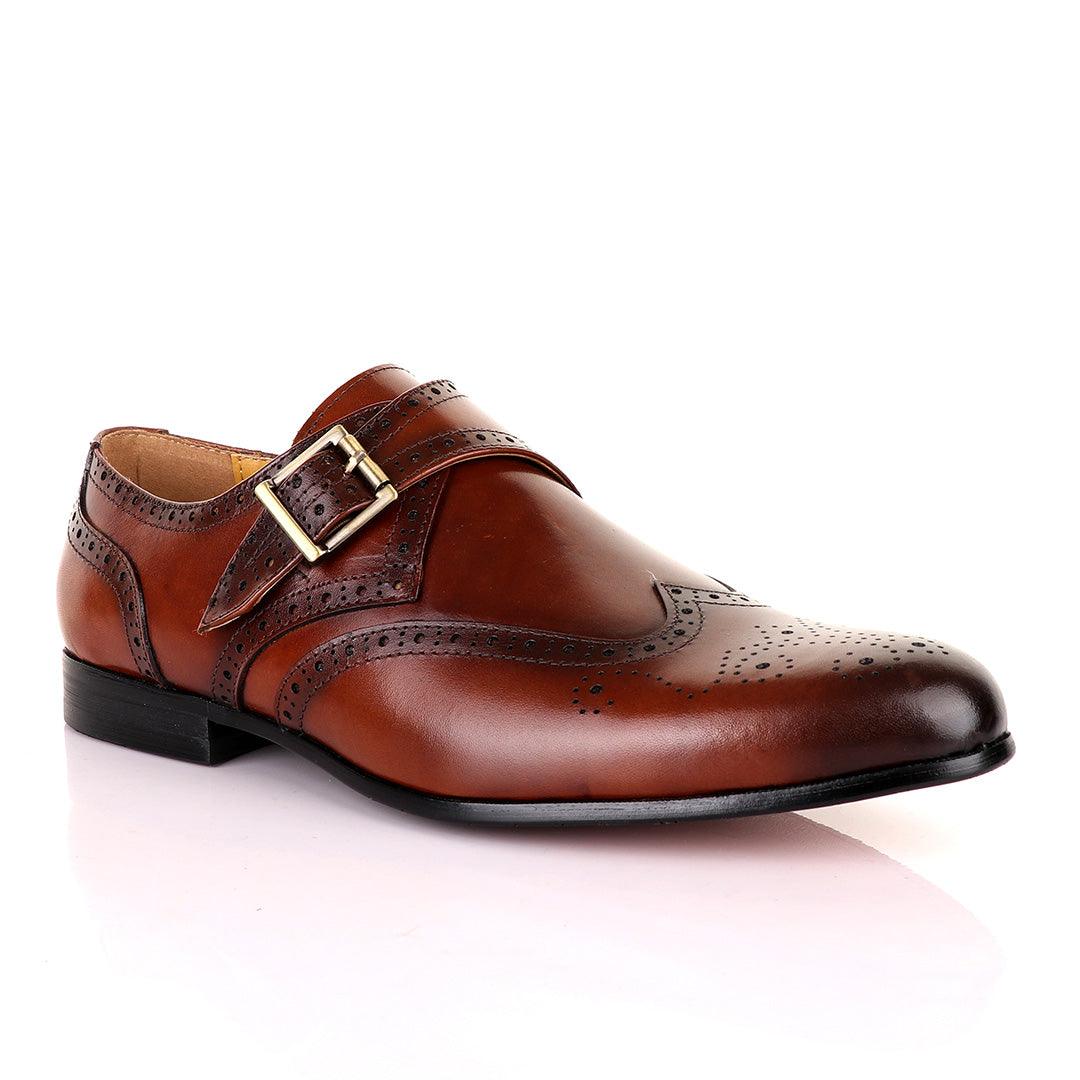 John Mendson Single Strap Lace Brogues Buckle Leather Brown Shoe - Obeezi