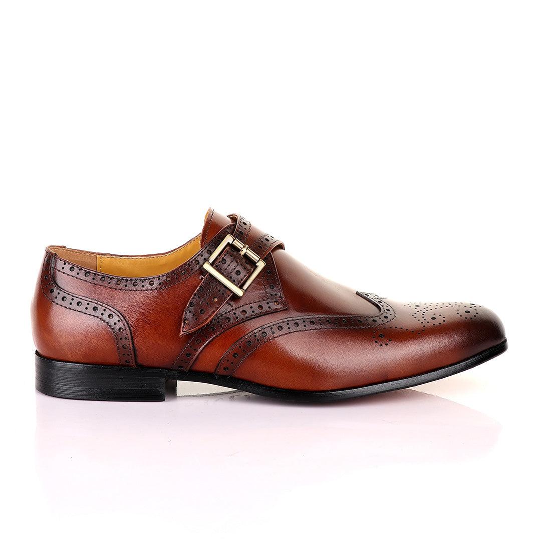 John Mendson Single Strap Lace Brogues Buckle Leather Brown Shoe - Obeezi