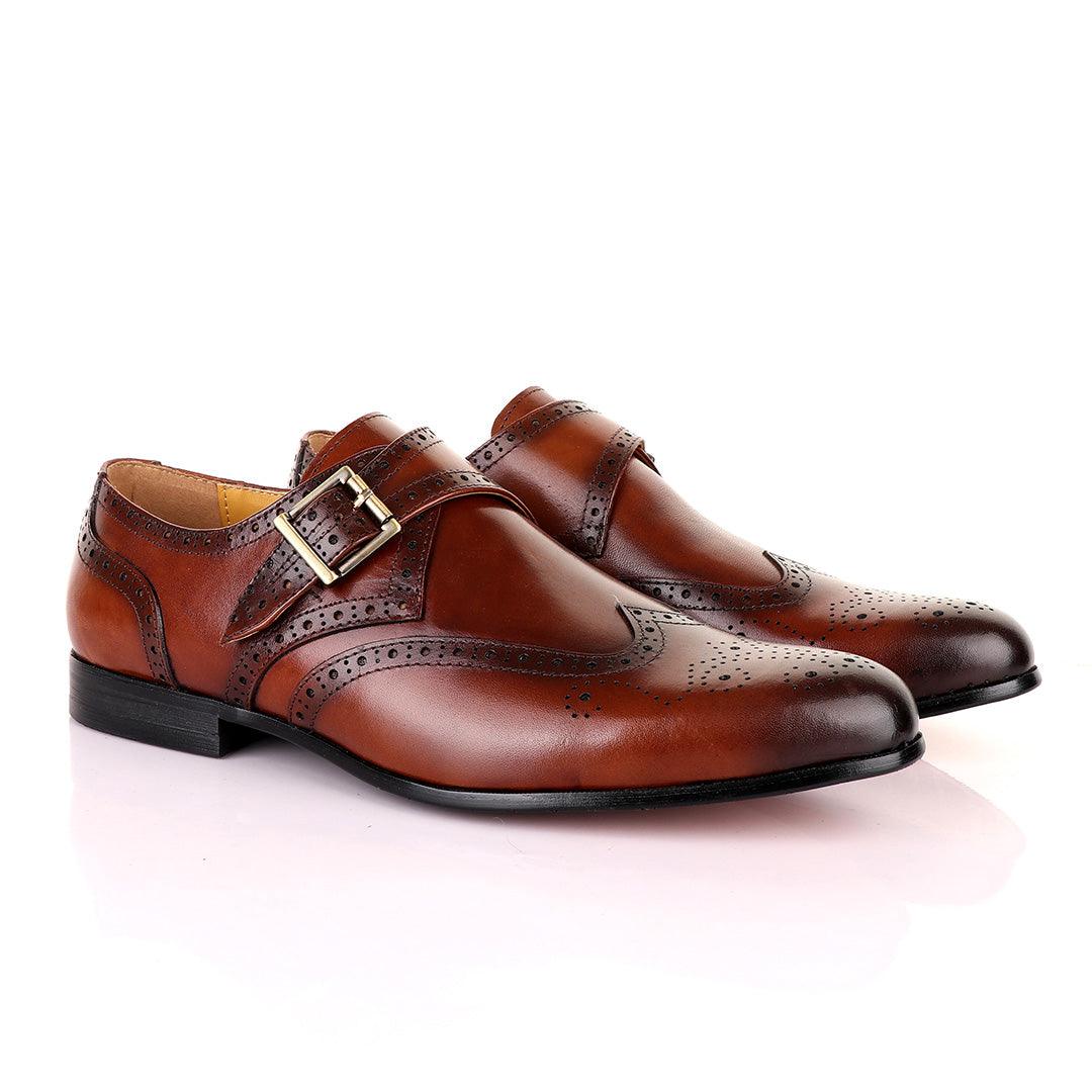 John Mendson Single Strap Lace Brogues Buckle Leather Brown Shoe - Obeezi