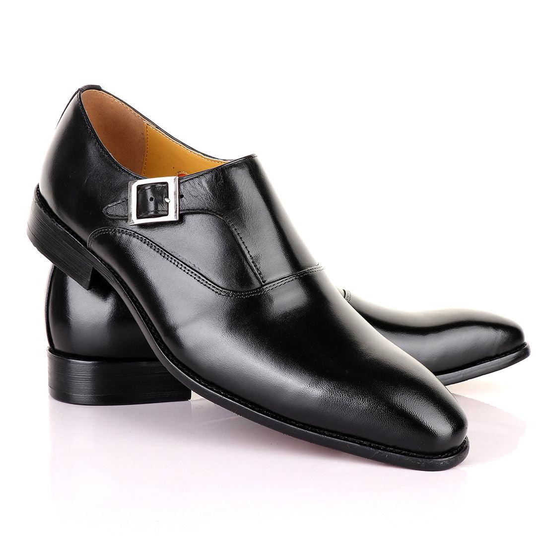 John Mendson Single Strap SLip on pointed Black Leather Shoes - Obeezi