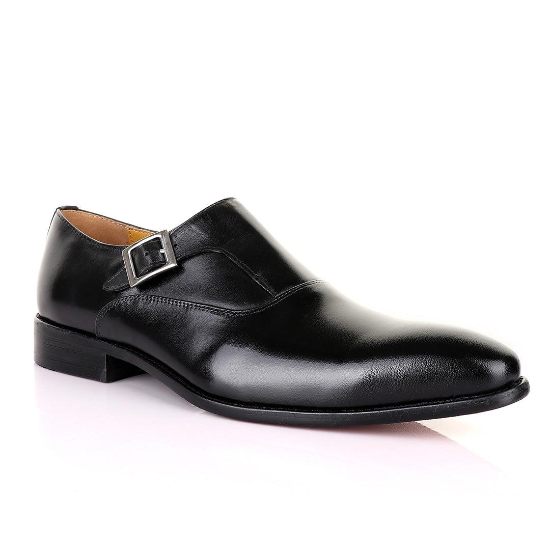 John Mendson Single Strap SLip on pointed Black Leather Shoes - Obeezi