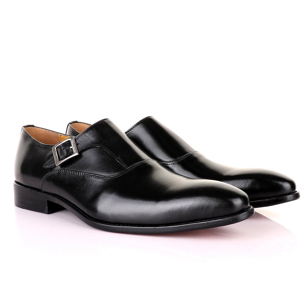 John Mendson Single Strap SLip on pointed Black Leather Shoes - Obeezi