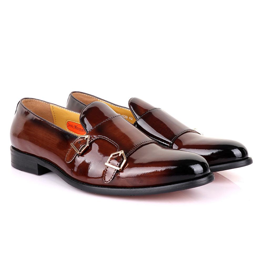 John Mendson Wetlips Double Monk Strap Leather Shoe-Coffee - Obeezi