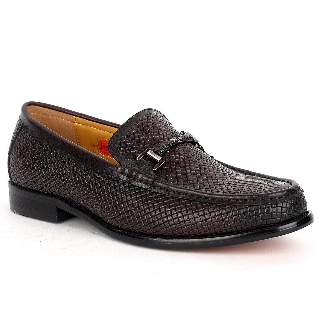 John Mendson Woven Designed Loafers With Black Metal Design- Coffee - Obeezi.com