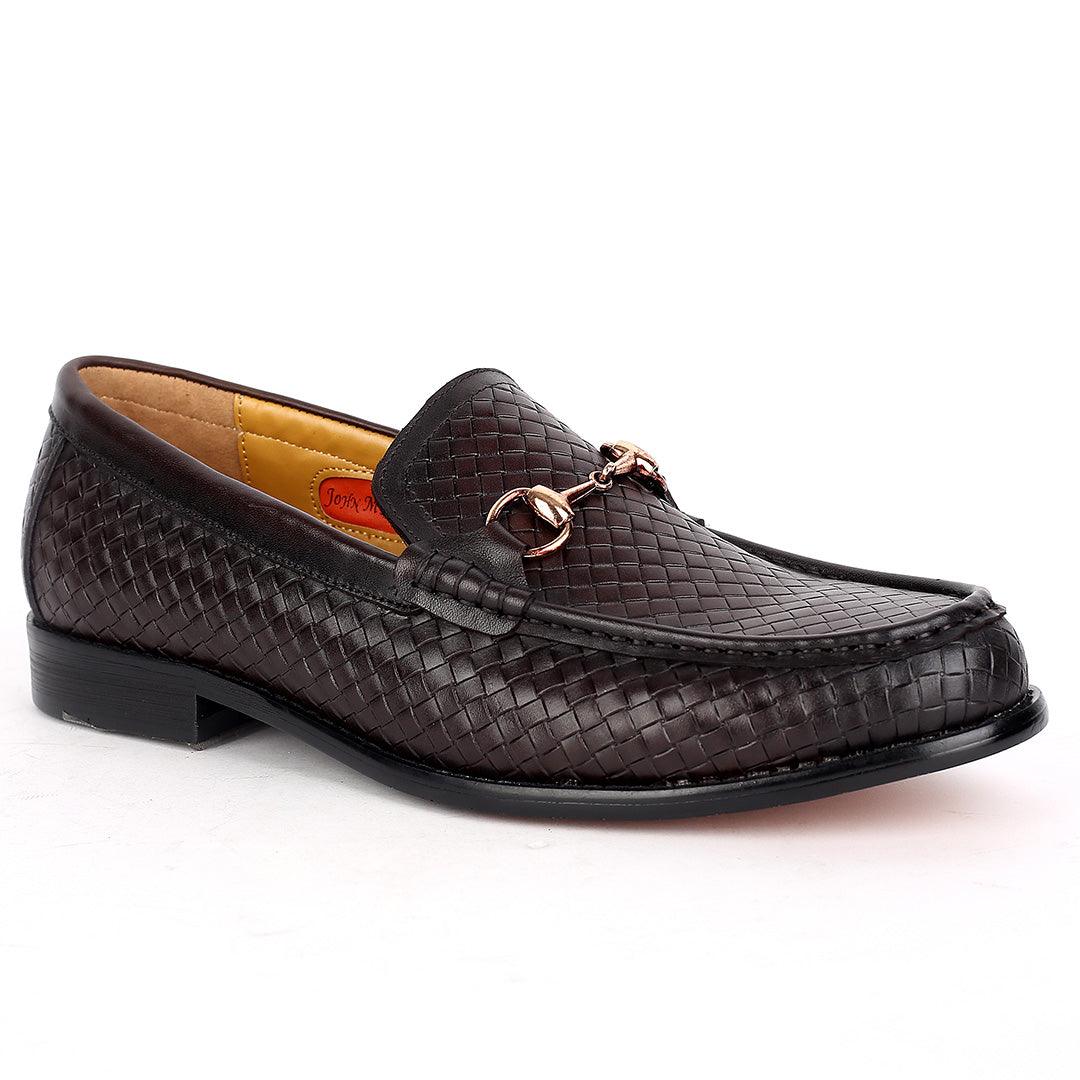 John Mendson Woven Designed Loafers With Gold Design- Coffee - Obeezi.com