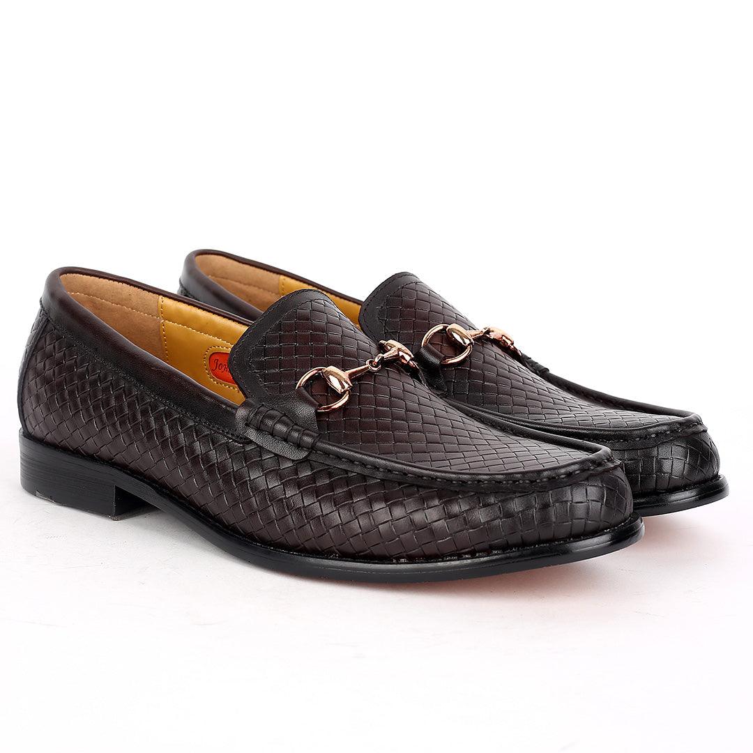 John Mendson Woven Designed Loafers With Gold Design- Coffee - Obeezi.com