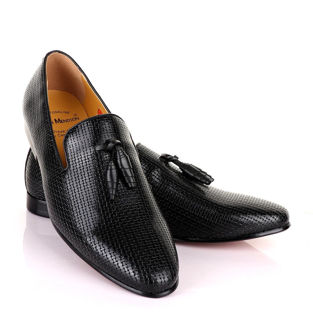 John Mendson Woven Knitted Black Leather Tassel Loafers - Obeezi