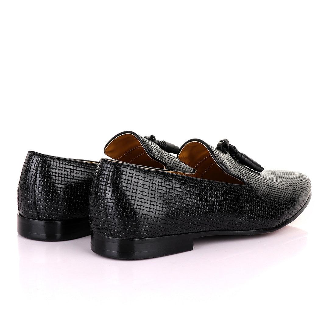 John Mendson Woven Knitted Black Leather Tassel Loafers - Obeezi