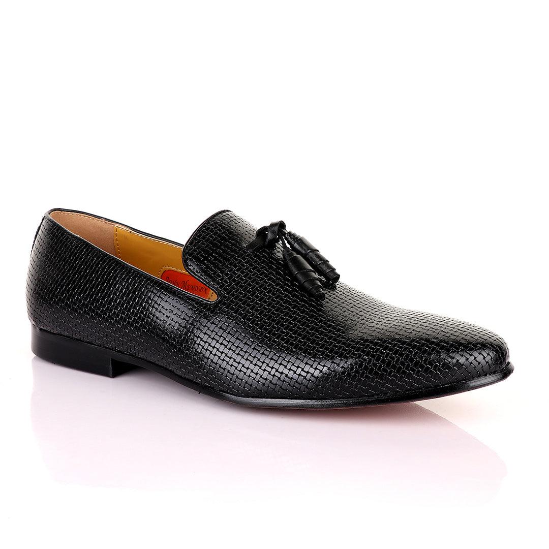 John Mendson Woven Knitted Black Leather Tassel Loafers - Obeezi