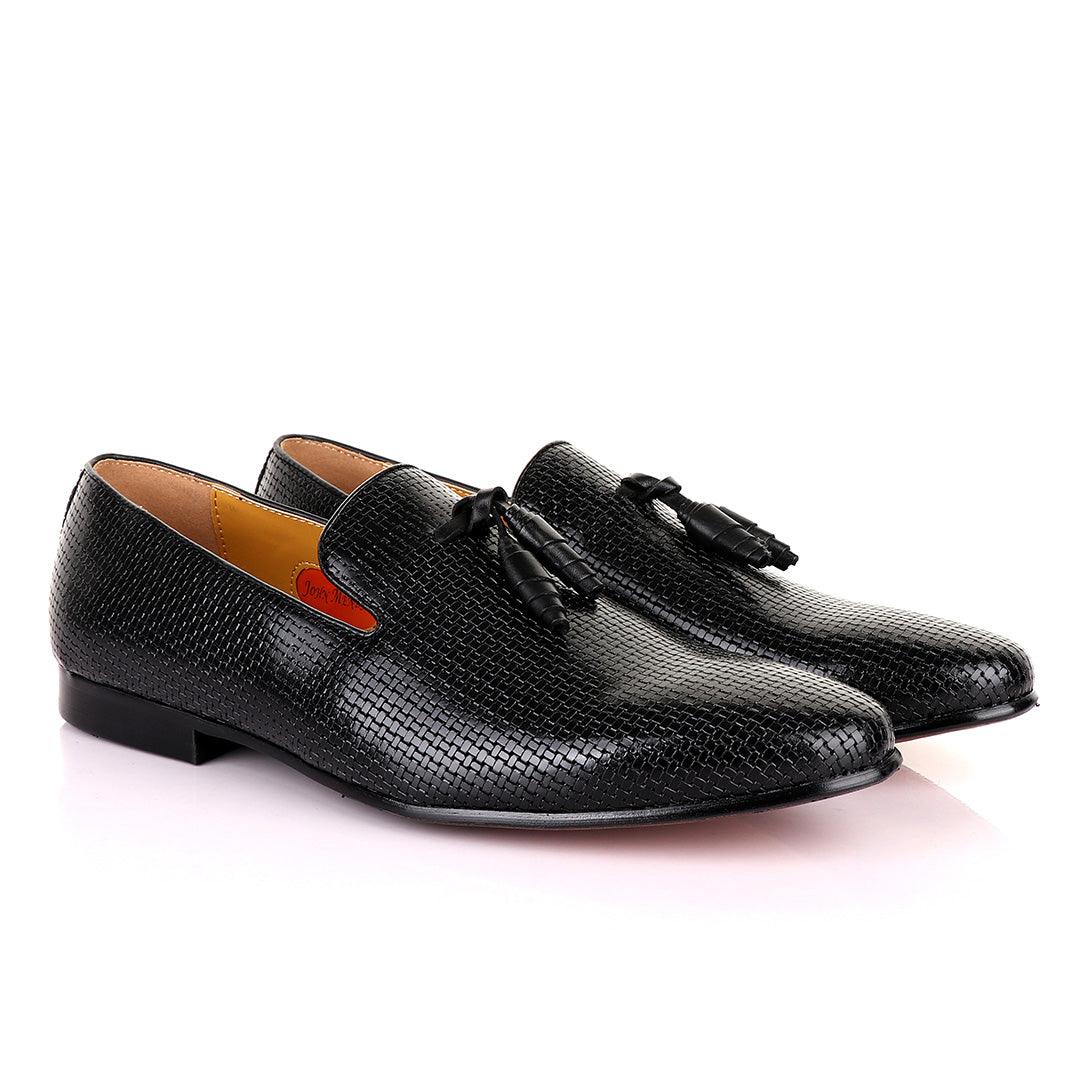 John Mendson Woven Knitted Black Leather Tassel Loafers - Obeezi