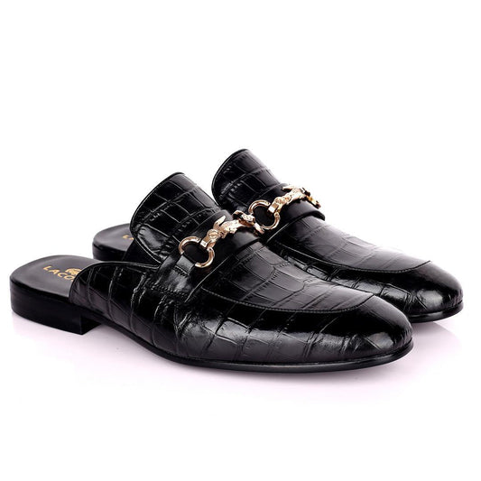 Lacos Elegant Gold Logo Designed Black Half Leather Shoe - Obeezi.com