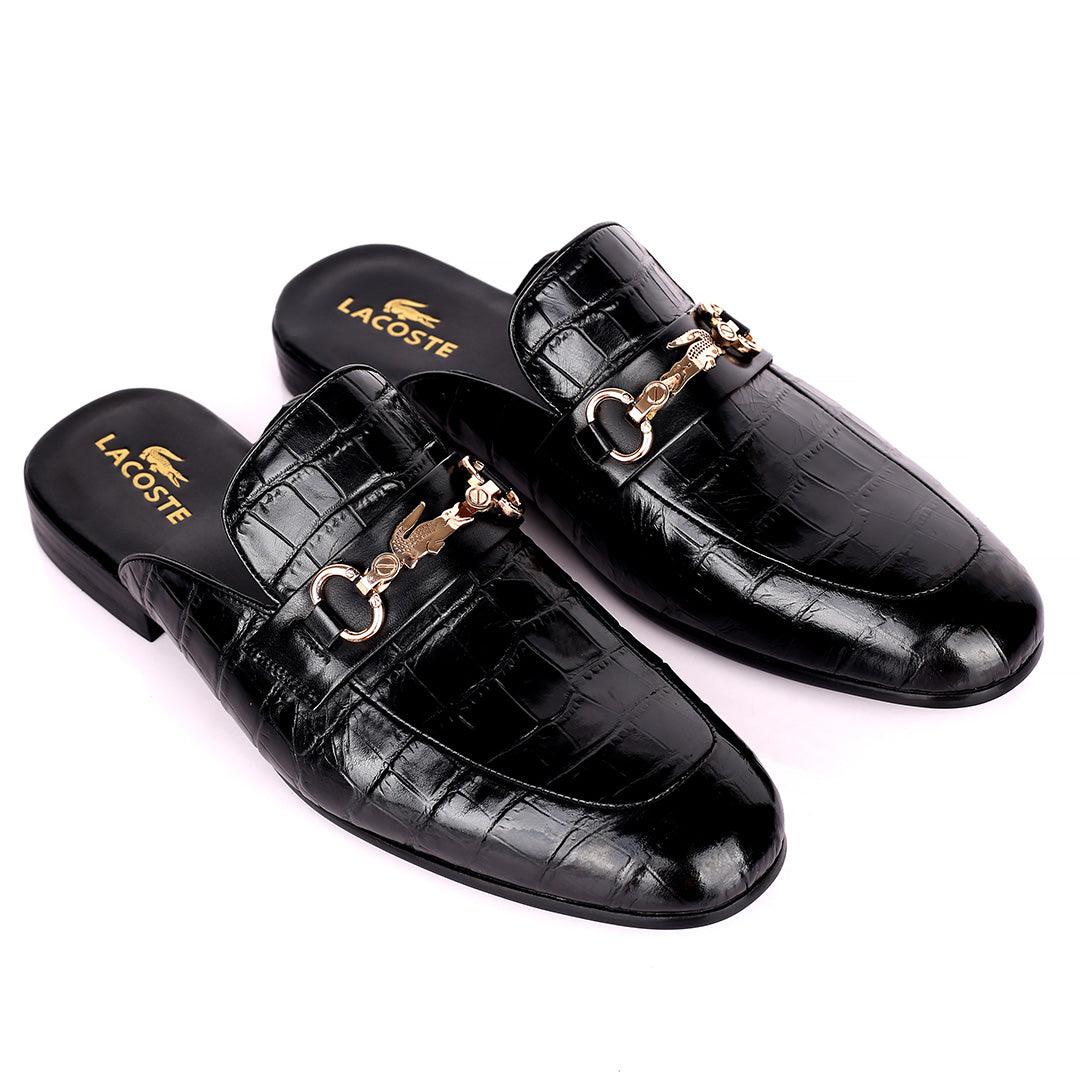 Lacos Elegant Gold Logo Designed Black Half Leather Shoe - Obeezi.com