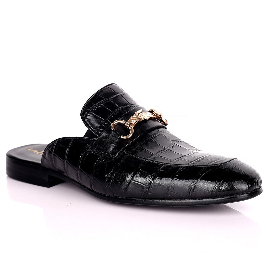 Lacos Elegant Gold Logo Designed Black Half Leather Shoe - Obeezi.com