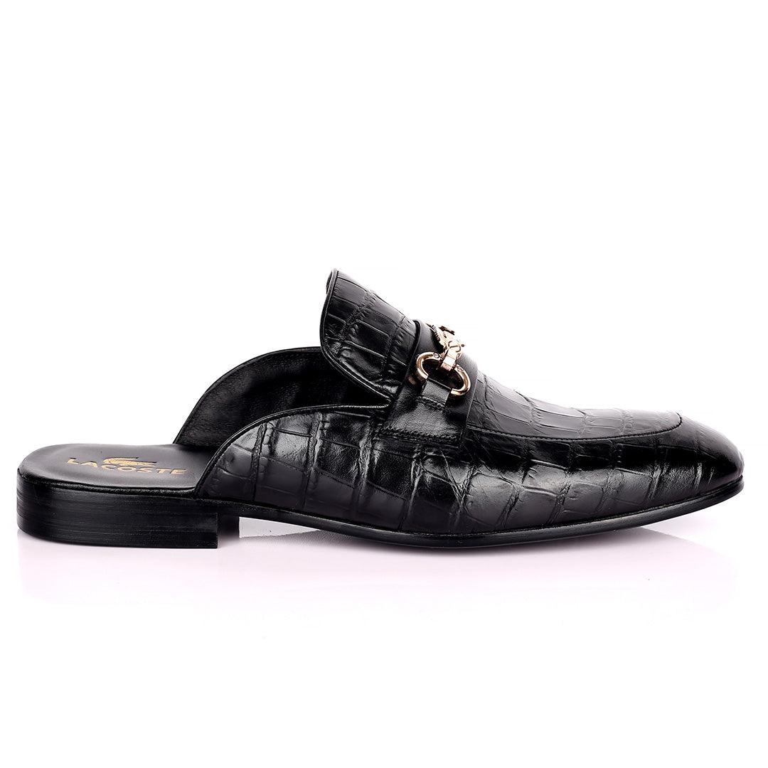 Lacos Elegant Gold Logo Designed Black Half Leather Shoe - Obeezi.com