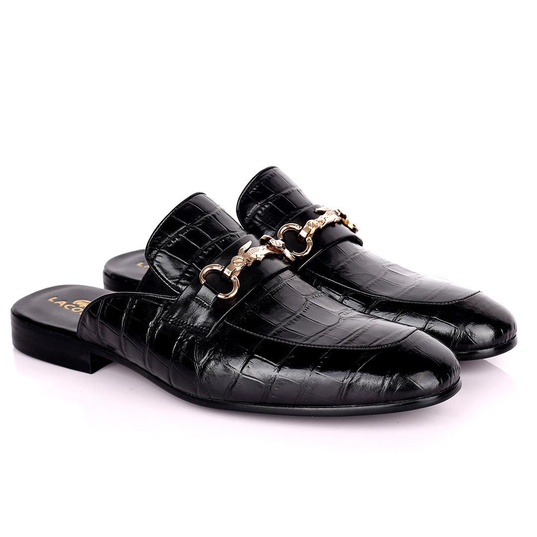 Lacos Elegant Gold Logo Designed Black Half Leather Shoe - Obeezi.com
