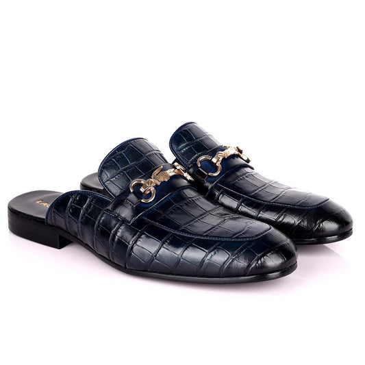 Lacos Elegant Gold Logo Designed Blue Half Leather Shoe - Obeezi.com