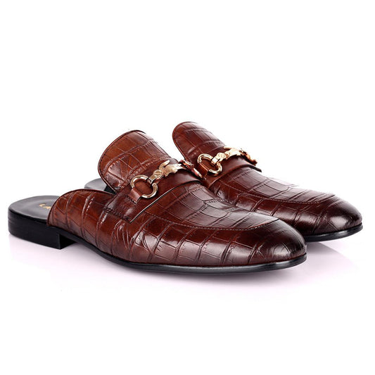 Lacos Elegant Gold Logo Designed Coffee Half Leather Shoe - Obeezi.com