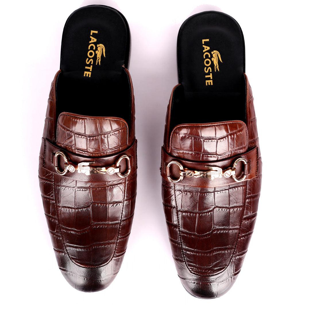 Lacos Elegant Gold Logo Designed Coffee Half Leather Shoe - Obeezi.com