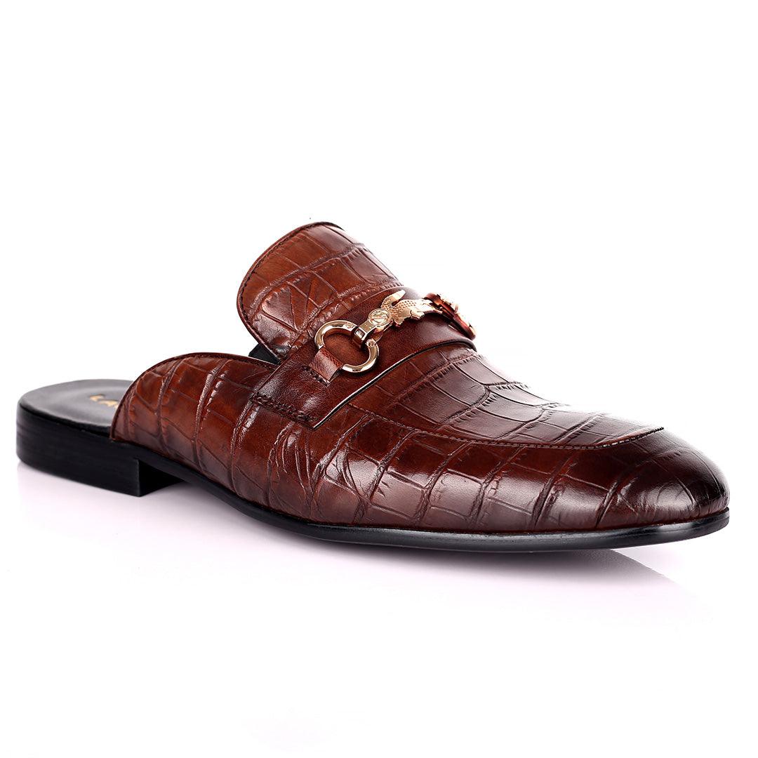 Lacos Elegant Gold Logo Designed Coffee Half Leather Shoe - Obeezi.com