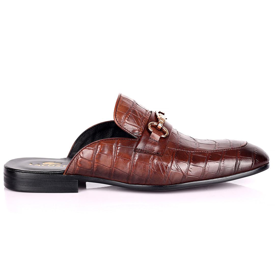 Lacos Elegant Gold Logo Designed Coffee Half Leather Shoe - Obeezi.com