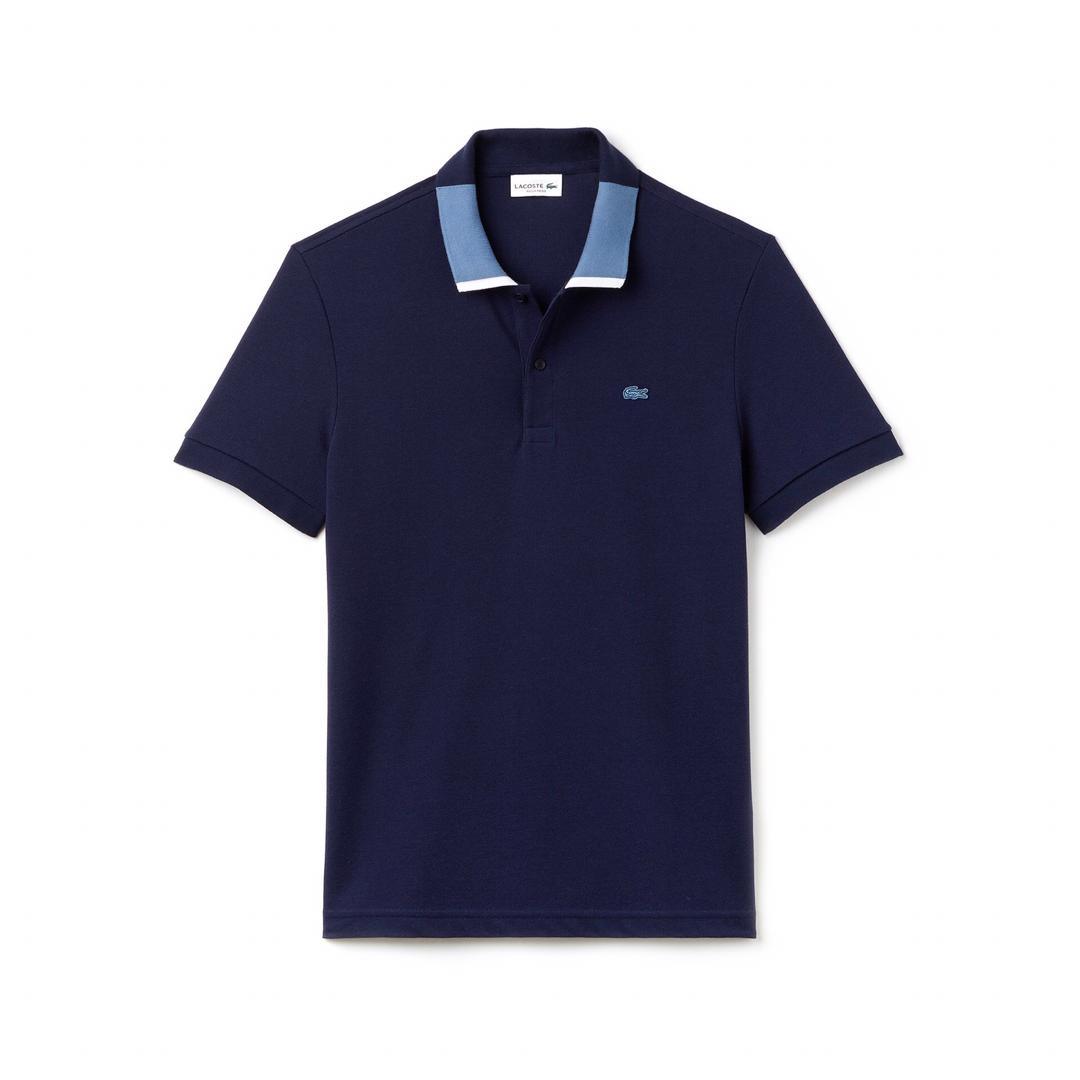 Lacoste Crested Logo Navy Blue With Light Blue Colar Polo Shirt - Obeezi