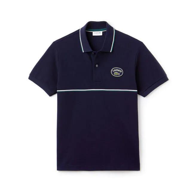 Lacoste Crested Logo with Green/White stripe Polo Shirt -Navy Blue - Obeezi