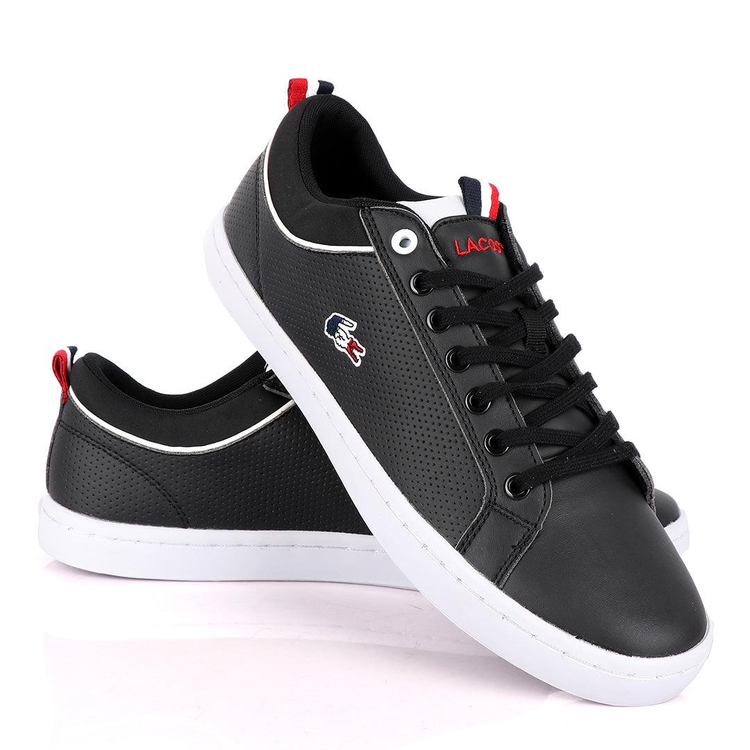 Lacoste Dotted Leather Black Sneakers With White Sole - Obeezi