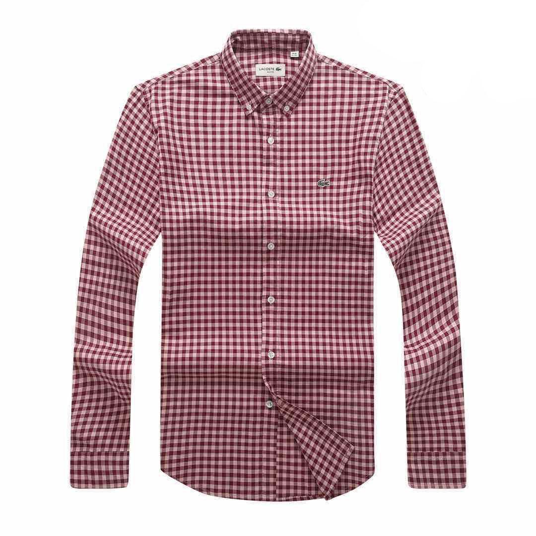 Lacoste Gingham Cotton Long Sleeve Shirt- Brown - Obeezi