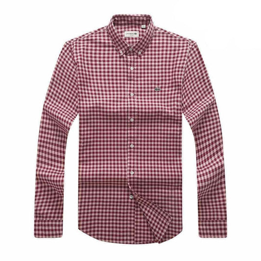 Lacoste Gingham Cotton Long Sleeve Shirt- Brown - Obeezi