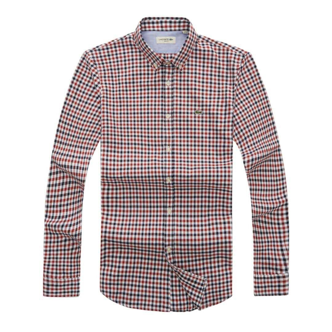 Lacoste Long sleeve Button-Down Crest logo Dark Red Longsleeve Shirt - Obeezi
