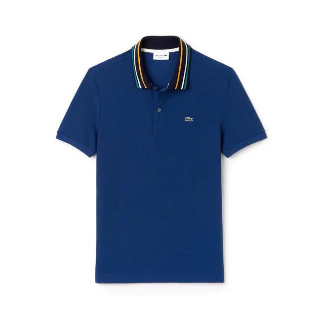 Lacoste Plain Blue With Coloured Colar Crested Polo Shirt - Obeezi