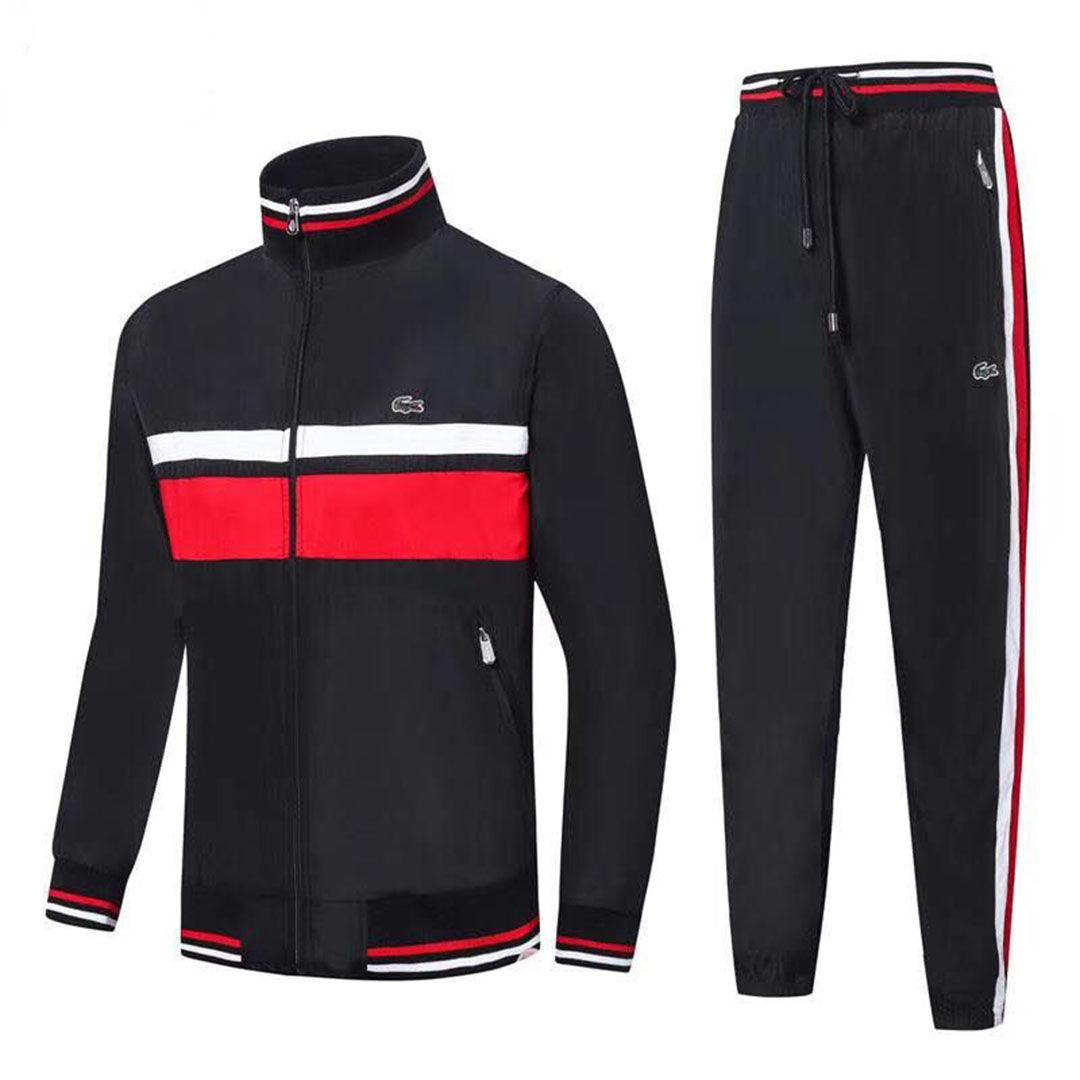 Lacoste Quality Black and Red With White Stripped Tracksuits - Obeezi