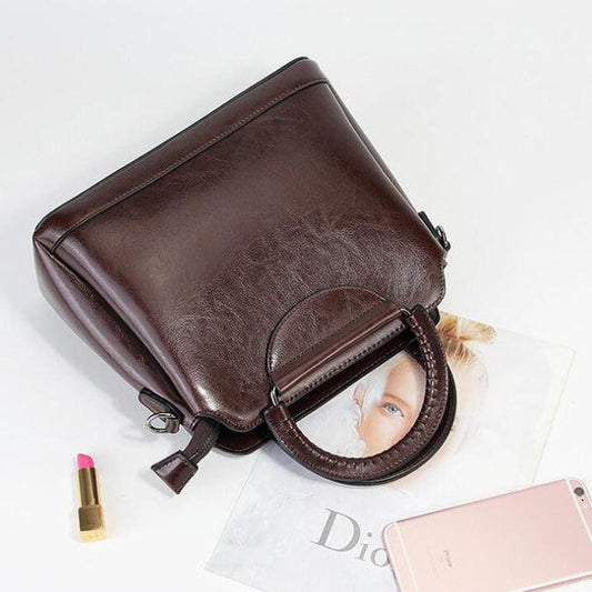 Ladies Genuine Leather Women Tote Handbag - Coffee - Obeezi.com