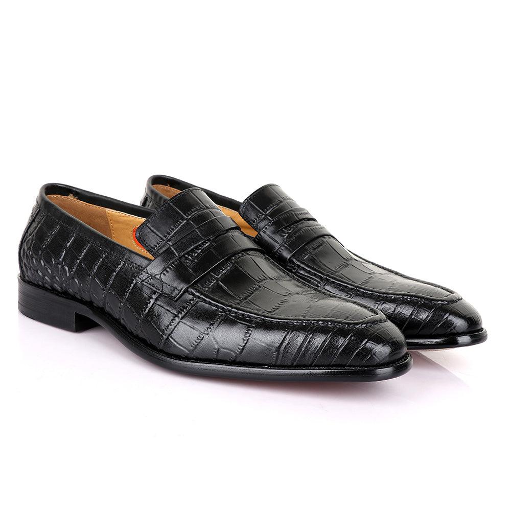 LoriBlu Vero Croc Block Black Leather Shoe - Obeezi