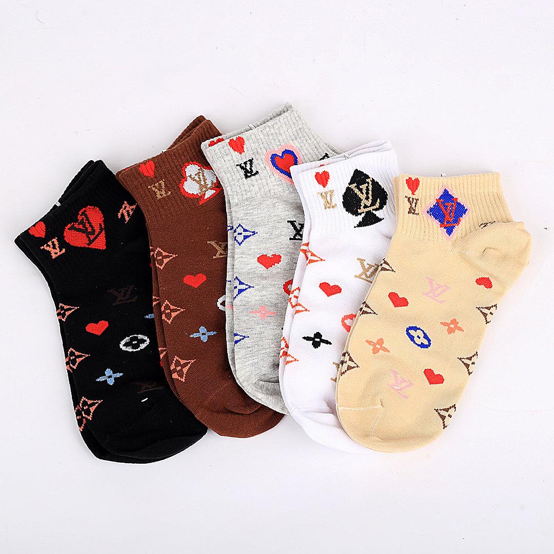 Lou 5 In 1 Cotton Logo Designed Brown, Ash, White And Black Ankle Socks - Obeezi.com