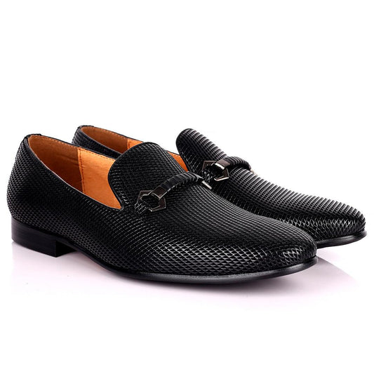 Lou Elegant Metal Logo Designed Patterned Black Formal Shoe - Obeezi.com