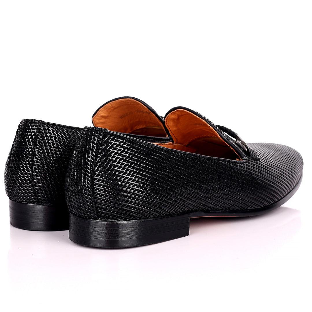 Lou Elegant Metal Logo Designed Patterned Black Formal Shoe - Obeezi.com