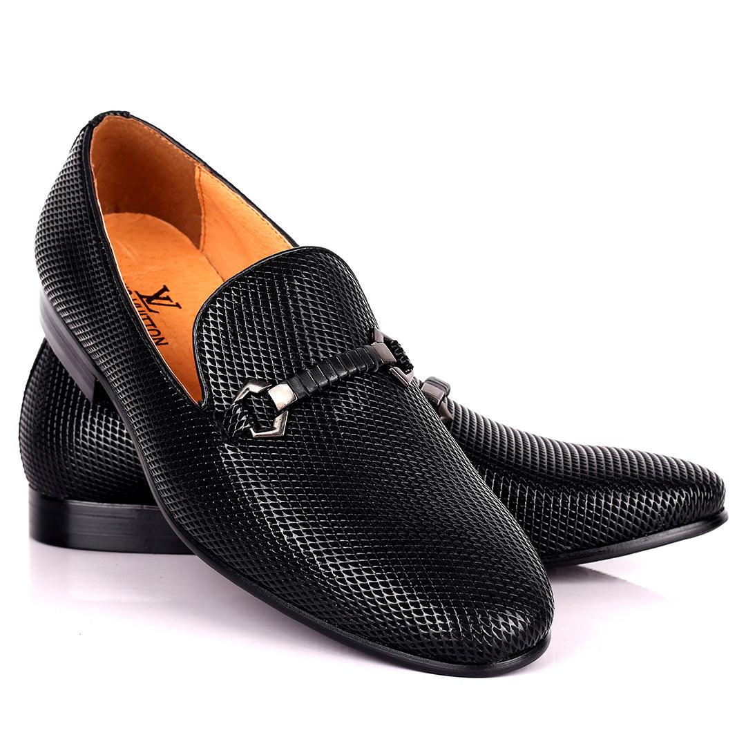 Lou Elegant Metal Logo Designed Patterned Black Formal Shoe - Obeezi.com