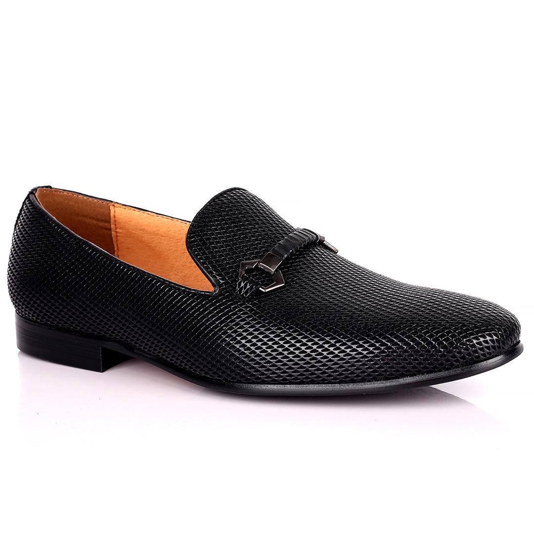 Lou Elegant Metal Logo Designed Patterned Black Formal Shoe - Obeezi.com