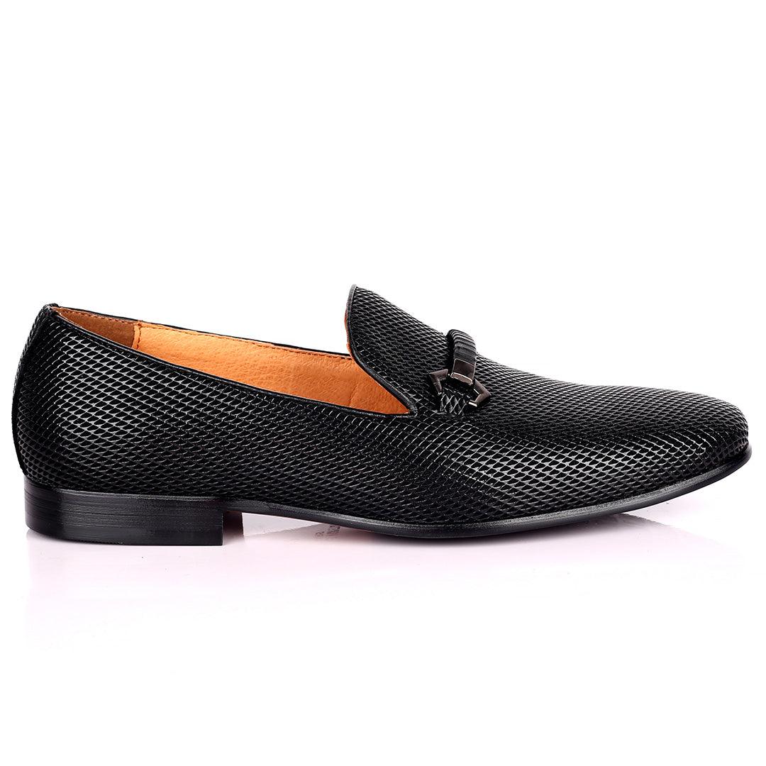 Lou Elegant Metal Logo Designed Patterned Black Formal Shoe - Obeezi.com
