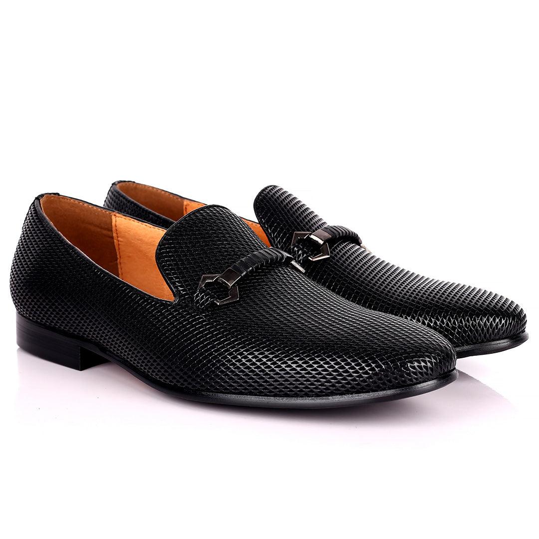 Lou Elegant Metal Logo Designed Patterned Black Formal Shoe - Obeezi.com