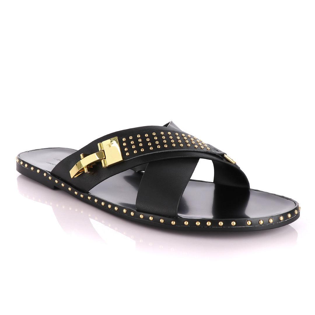 Louis Leeman Gold Ski Buckle Black Slippers - Obeezi