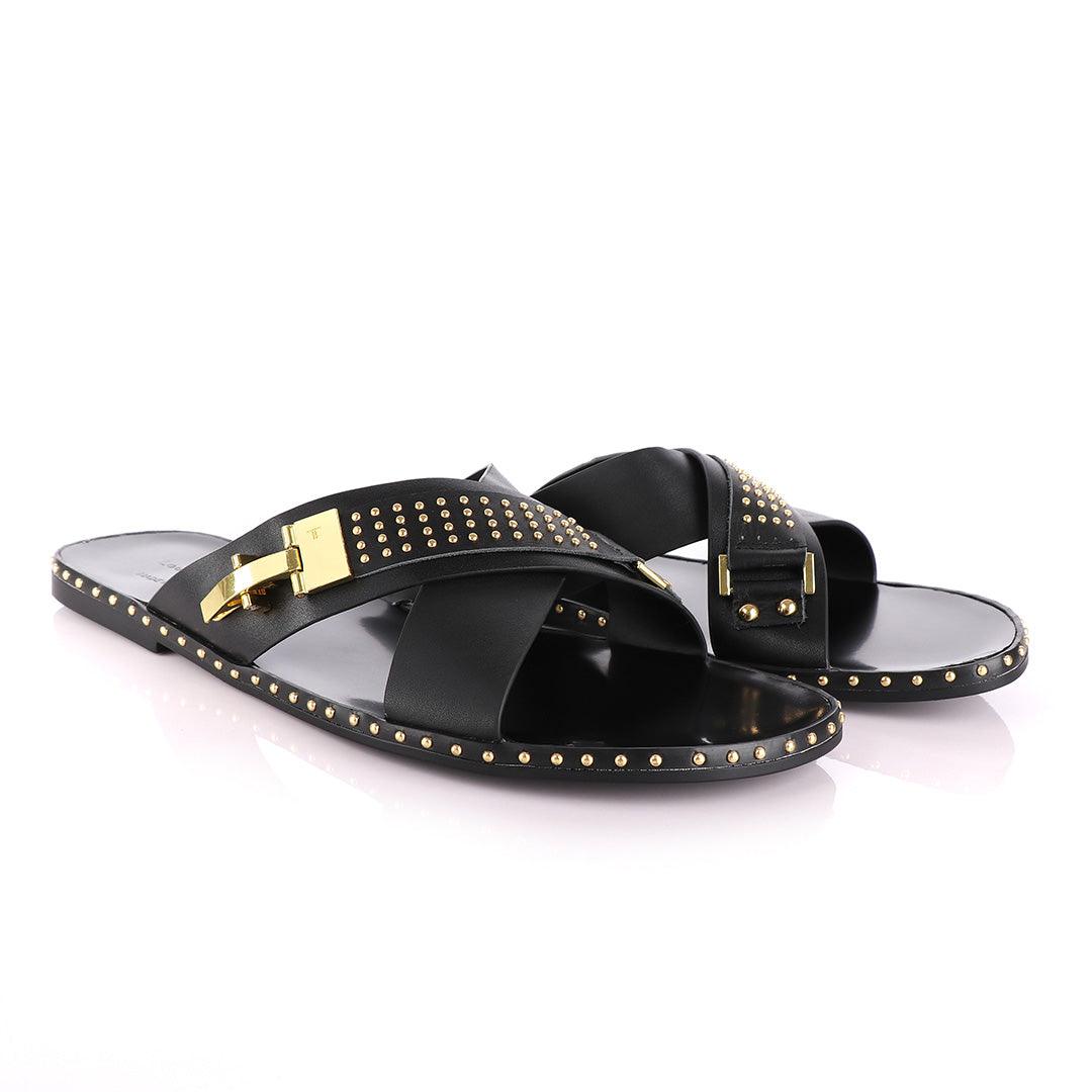 Louis Leeman Gold Ski Buckle Black Slippers - Obeezi