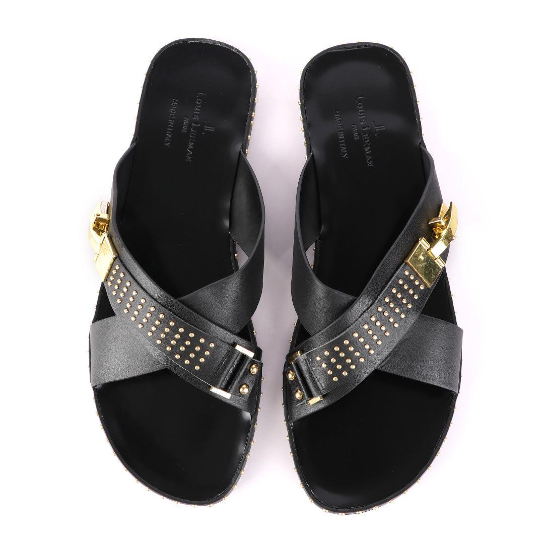 Louis Leeman Gold Ski Buckle Black Slippers - Obeezi
