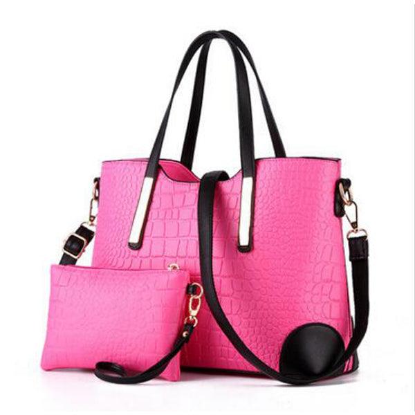 Luxury Designer Dark Pink Croc Tote 2 In 1 Handbag - Obeezi.com
