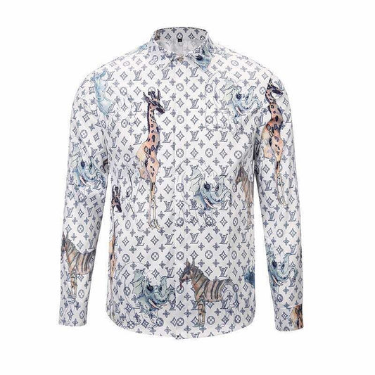 Luxury LV-Monogram-Giraffe -Elephant Longsleeve Shirt - White - Obeezi