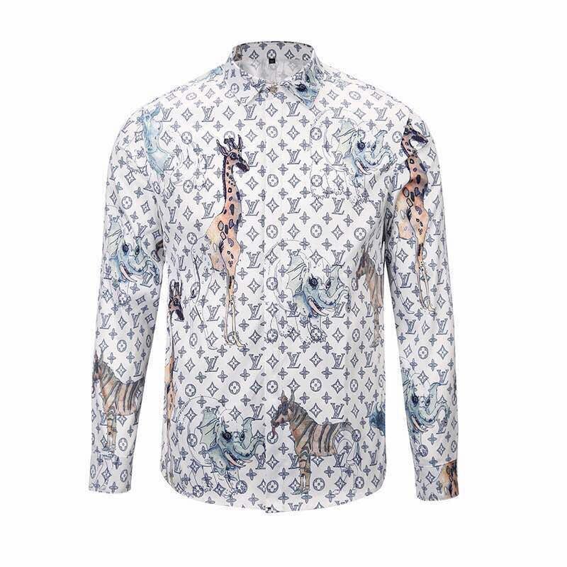 Luxury LV-Monogram-Giraffe -Elephant Longsleeve Shirt - White - Obeezi